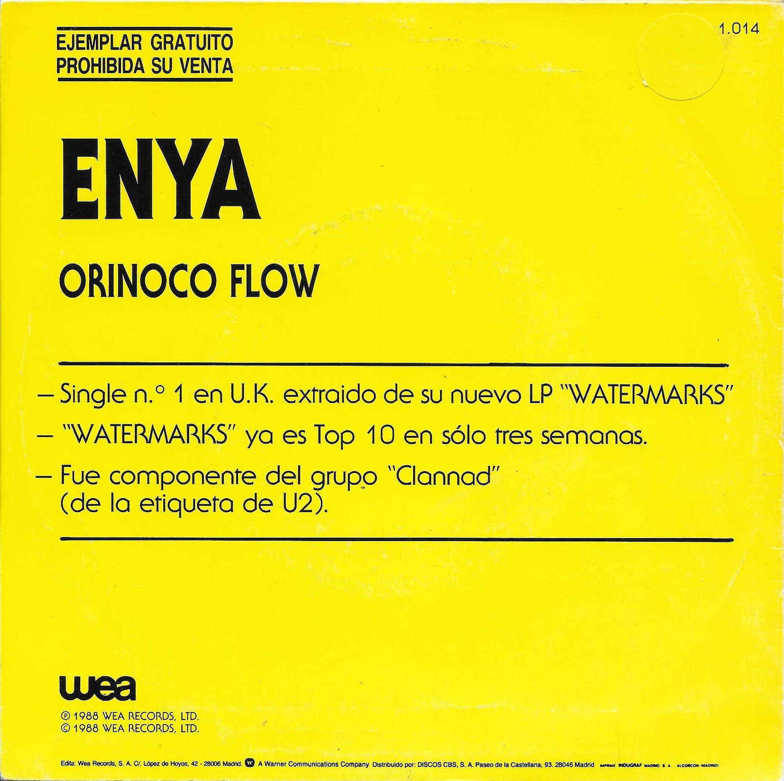 PROMO 1.014 Orinoco flow Enya  Back cover of PROMO 1.014